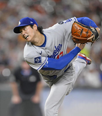写真：オリオールズ戦に先発登板したドジャース・大谷。３回２／３を無失点で勝敗は付かなかった＝ボルティモア（共同）
