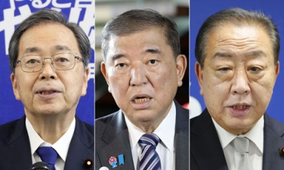 写真：左から、公明党の斉藤代表、自民党総裁の石破首相、立憲民主党の野田代表