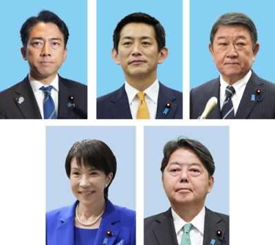 写真：（上段左から）小泉進次郎氏、小林鷹之氏、茂木敏充氏、（下段左から）高市早苗氏、林芳正氏