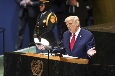 写真：国連総会一般討論で演説するトランプ米大統領＝２３日、米ニューヨークの国連本部（ロイター＝共同）