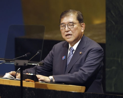 写真：国連総会の一般討論演説を行う石破首相＝２３日、米ニューヨーク（共同）