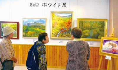 写真：２２点の油彩・水彩画が並ぶホワイト展
