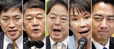写真：自民党総裁選に立候補している５氏。左から届け出順に、小林元経済安保相、茂木前幹事長、林官房長官、高市前経済安保相、小泉農相。５候補のうち１回目投票では誰も過半数を獲得できず、上位２人による決選投票になるのは確実な情勢となっている＝２日（小泉氏はロイター＝共同）