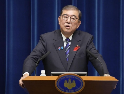 写真：戦後８０年に合わせ、「内閣総理大臣所感」を発表する石破首相＝１０日午後、首相官邸