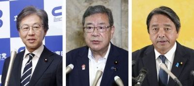 写真：立憲民主党の安住淳幹事長、日本維新の会の中司宏幹事長、国民民主党の榛葉賀津也幹事長