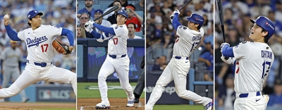 写真：ブルワーズ戦で（左から）先発したドジャース・大谷、１回に先頭打者、４回に２本目、７回に３本目の本塁打を放った＝ロサンゼルス（共同）