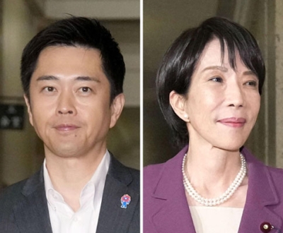 写真：自民党の高市総裁（右）と日本維新の会の吉村代表。自民と維新は連立政権樹立で事実上合意した＝１５日、国会