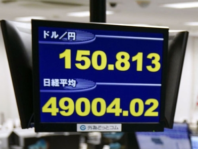 写真：初めて４９０００円を超えた日経平均株価を示すモニター＝２０日午後、東京都港区の外為どっとコム
