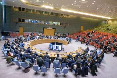 写真:国連安全保障理事会の会合=22日、米ニューヨークの国連本部(国連提供・共同)