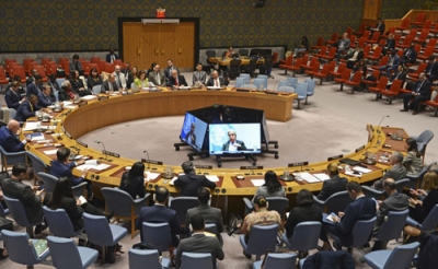 写真:国連創設80年に合わせて開かれた安全保障理事会の会合=24日、米ニューヨークの国連本部(共同)