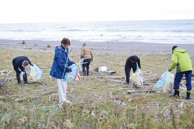 写真：海岸清掃をする参加者たち