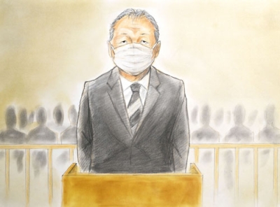 写真：初公判に臨む桂田精一被告（代表法廷イラスト）