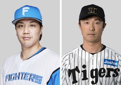 写真:伏見寅威捕手(左)、島本浩也投手