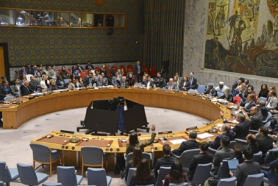 写真：ガザ和平計画を支持する決議を採択する国連安全保障理事会＝１７日、米ニューヨークの国連本部（共同）