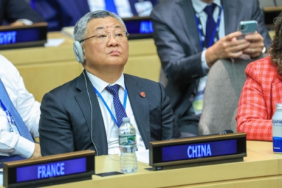 写真：国連総会に出席する中国の傅聡国連大使＝９月、米ニューヨーク（タス＝共同）