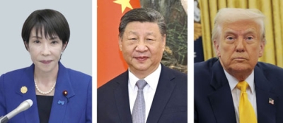 写真：高市早苗首相、中国の習近平国家主席（新華社＝共同）、トランプ米大統領（ゲッティ＝共同）