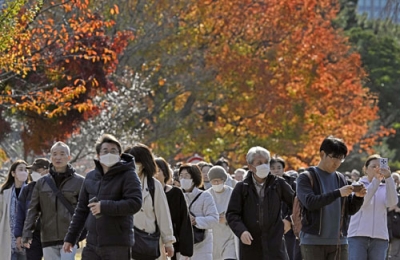 写真:皇居・乾通りの一般公開が始まり、紅葉を楽しむ人たち=29日午前