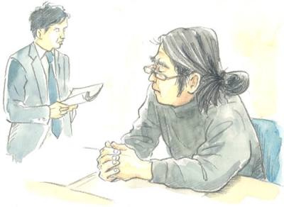 写真：論告求刑公判に臨む山上徹也被告。左は検察官（イラストと構成・川原アカネ）