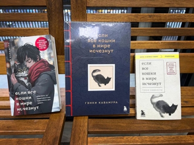 写真：モスクワ中心部の書店に並ぶ川村元気さんの小説「世界から猫が消えたなら」の翻訳本。同一出版社からさまざまなサイズで販売されている＝２２日（共同）