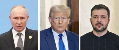 写真：ロシアのプーチン大統領、トランプ米大統領（ゲッティ＝共同）、ウクライナのゼレンスキー大統領（ゲッティ＝共同）