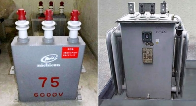 写真：ＰＣＢが含まれた変圧器（右）と蓄電器（環境省提供）