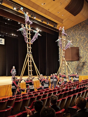 写真:はしごの上に3人が乗る大技を見せた伝統演技の披露