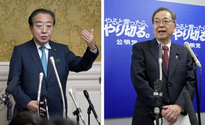 写真：党首会談後、記者団の取材に応じる立憲民主党の野田代表（左）、公明党の斉藤代表。新党結成で合意した＝１５日午後、国会