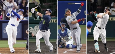 写真：ＷＢＣ日本代表の（左から）ドジャース・大谷翔平、ヤクルトからホワイトソックスに移籍した村上宗隆、巨人からブルージェイズに移籍した岡本和真、阪神・佐藤輝明