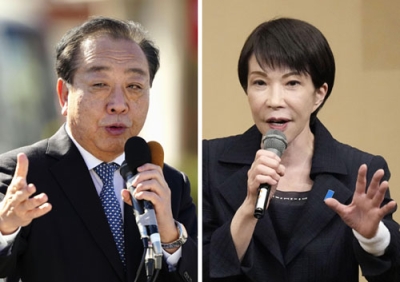 写真：静岡県沼津市で演説する自民党総裁の高市首相（右）、埼玉県春日部市の街頭で支持を訴える中道改革連合の野田共同代表＝３１日午前