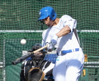 写真：フリー打撃で快音を響かせる日本ハム・万波＝名護