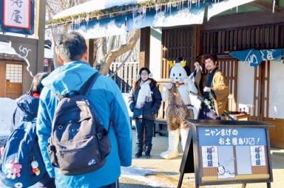 写真：観光客と写真撮影をするニャンまげ