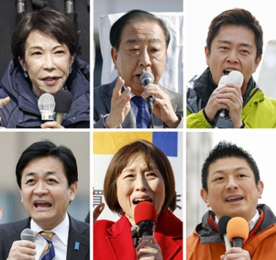 写真：（上段左から）自民党総裁の高市首相、中道改革連合の野田共同代表、日本維新の会の吉村代表、（下段左から）国民民主党の玉木代表、共産党の田村委員長、参政党の神谷代表＝６日