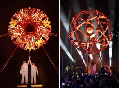 写真：６日、ミラノ・コルティナ冬季五輪の開会式でともされたミラノの聖火（左、ロイター＝共同）とコルティナダンペッツォの聖火（共同）