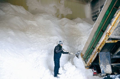 写真：運び込まれた雪でいっぱいになる倉庫＝３日午後
