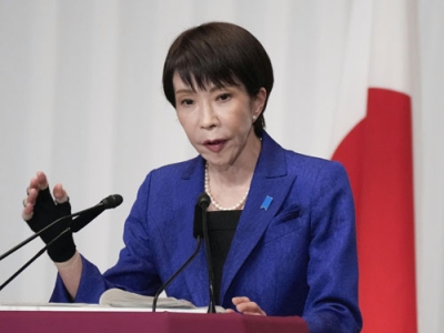 写真：衆院選の結果を受け、記者会見する自民党総裁の高市首相＝９日午後、東京・永田町の党本部