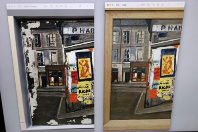 写真：津波で損傷した絵画（左）と修復後の画像