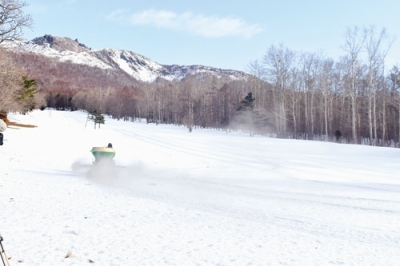 写真：コース内の残雪に広がるゼブラ模様