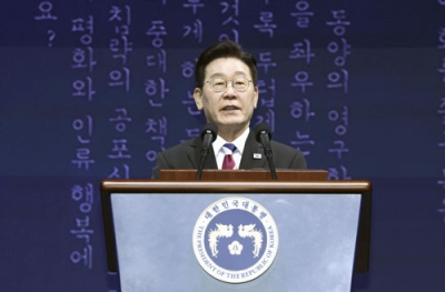 写真：「三・一独立運動」の記念式典で演説する韓国の李在明大統領＝１日、ソウル（聯合＝共同）