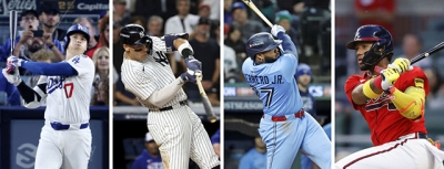 写真:(左から)ドジャース・大谷翔平、米国代表のヤンキース・ジャッジ、ドミニカ共和国代表のブルージェイズ・ゲレロ、ベネズエラ代表のブレーブス・アクーニャ(ゲッティ=共同)