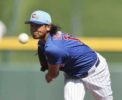 写真：ホワイトソックス戦に先発したカブス・今永。２回２／３を投げ４安打３失点だった＝メサ（共同）