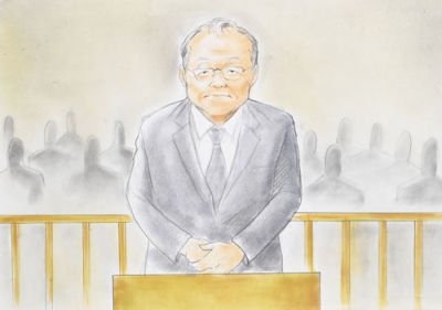 写真：被告人質問に臨む桂田精一被告（代表法廷イラスト）