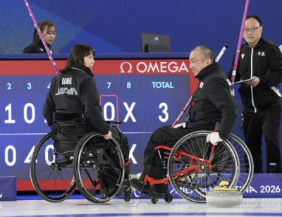 写真：中国に敗れた小川亜希（左）、中島洋治組＝コルティナダンペッツォ（共同）