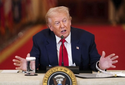 写真：６日、米ホワイトハウスで話すトランプ大統領（ロイター＝共同）