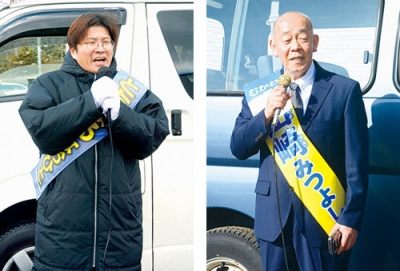 写真：「全力でむかわ町のまちづくりに取り組んでいく」と訴える栃丸候補（左）、「皆さまとともにまちづくりを歩んでいきたい」と力を込める山崎候補