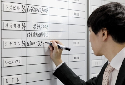 写真：春闘の集中回答日を迎え、各社の回答状況をボードに記入する金属労協の担当者＝１８日午前、東京都中央区