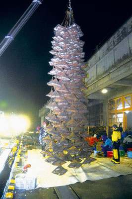 写真：漁船から水揚げされる「ざぶとん」＝２３日午前４時半ごろ、追直漁港・Ｍランド